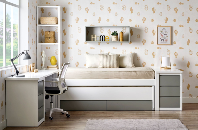 Cama Comando: la solución perfecta para habitaciones infantiles pequeñas con almacenaje y arcón extraible con escritorio