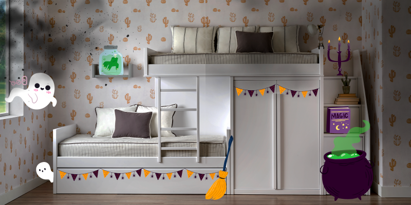 Decora una habitación infantil para la noche de Halloween.