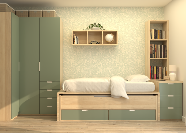 Habitación laminada con tatami compacto, armarios, estanterías y auxiliar de tres cajones. Ref: 0215