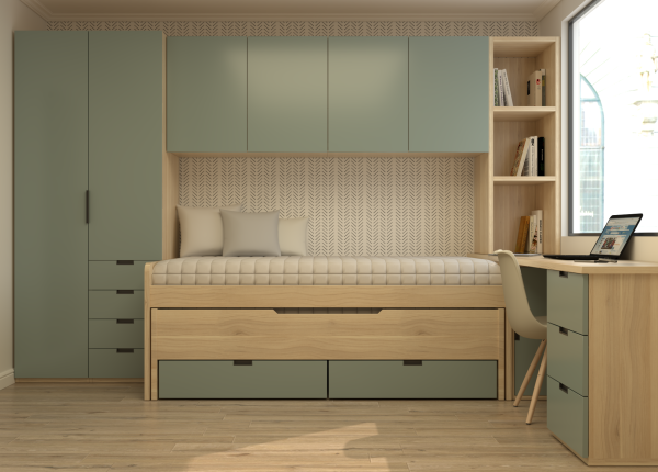 Habitación laminada con cama compacta, escritorio con cajonera y arcón con puerta, armario, puente y librería. Ref: 0244