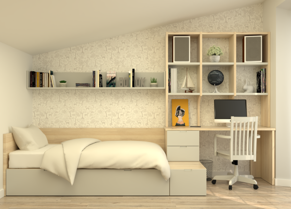 Solución modular CUBOX con cama extraíble, friso, escritorio y estanterías tiradores en color. Ref: 0235