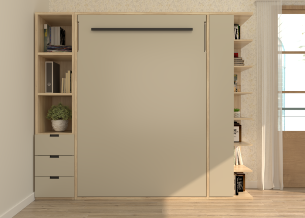 Habitación laminada con cama vertical de 135cm abatible, librería con cajones y terminal de baldas. Ref: 0250