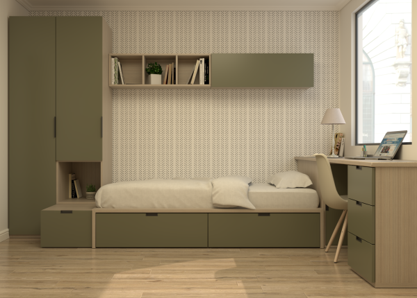 Habitación laminada con tatami de dos cajones, escritorio con arcón con puerta y cajonera, armario y puente. Ref: 0245