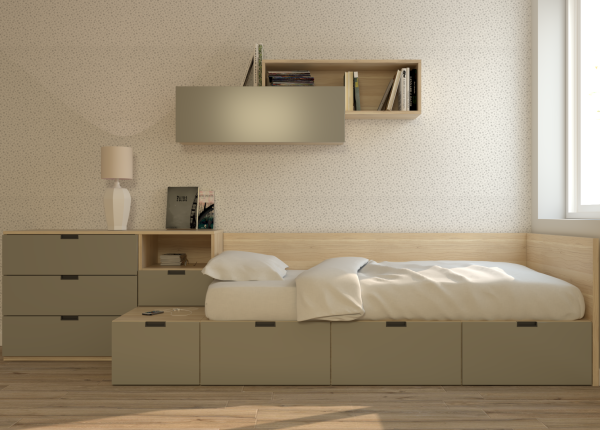 Solución modular CUBOX con cómoda de tres cajones, friso y estanterías. Ref: 0243