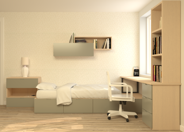 Solución modular CUBOX con cómoda con dos cajones y hueco, escritorio con cajonera y estanterías. Ref: 0222