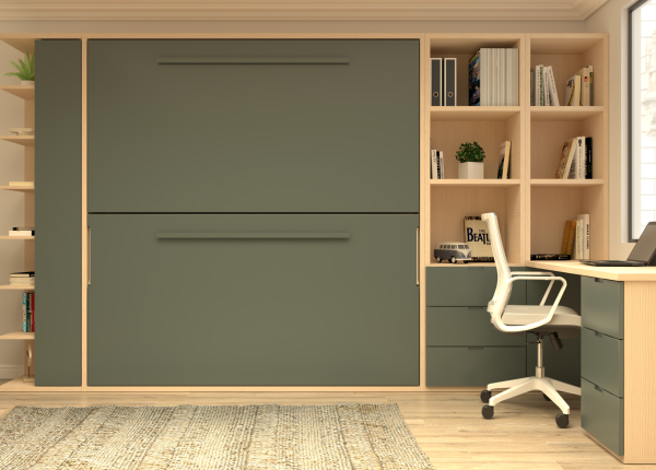 Habitación laminada con litera abatible, librerías y escritorio con cajonera. Ref: 0229