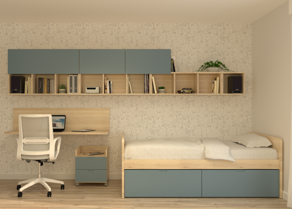 Habitación laminada con cama nido de dos cajones, escritorio con cajonera de ruedas y puente. Ref: 0237