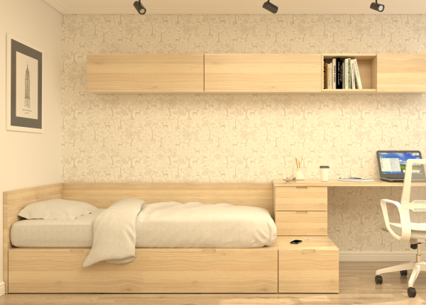 Solución modular CUBOX con cama extraíble, friso, escritorio y puente en madera. Ref: 0233