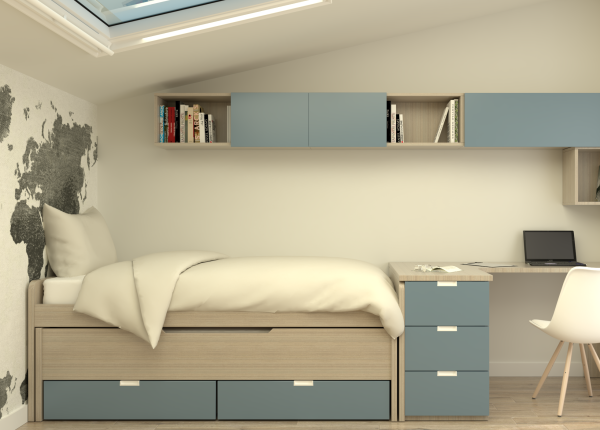 Habitación laminada con cama compacta, escritorio angular, auxiliar de tres cajones y puente. Ref: 0223