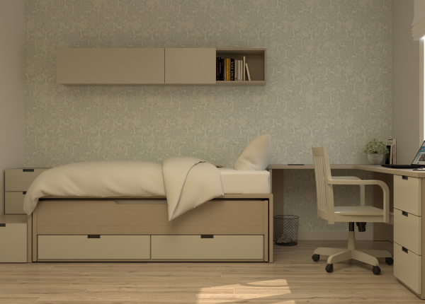 Habitación laminada con cama compacta, escritorio angular con cajonera y puente. Ref: 0242