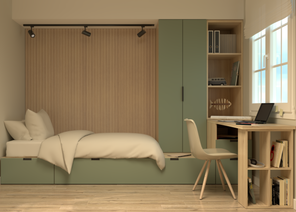 Solución modular CUBOX con cama extraíble, armario, escritorio y estanterías. Ref: 0246