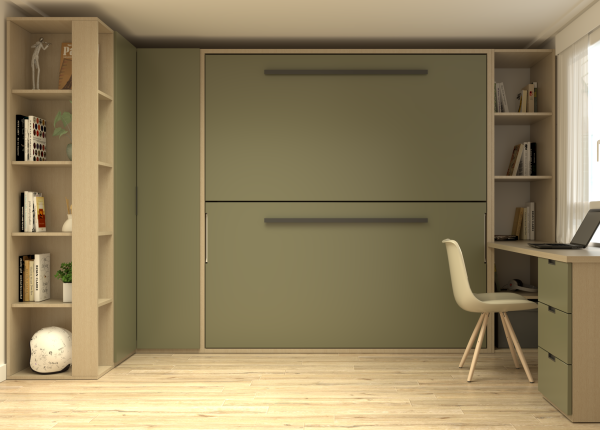 Habitación laminada con litera abatible, escritorio con cajonera y librería, y armario y terminal de baldas. Ref: 0251