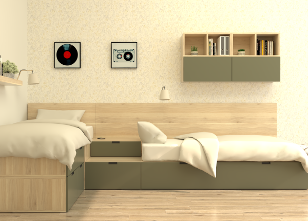 Solución modular CUBOX con camas en ele y tercera cama extraíble, friso y estanterías. Ref: 0228