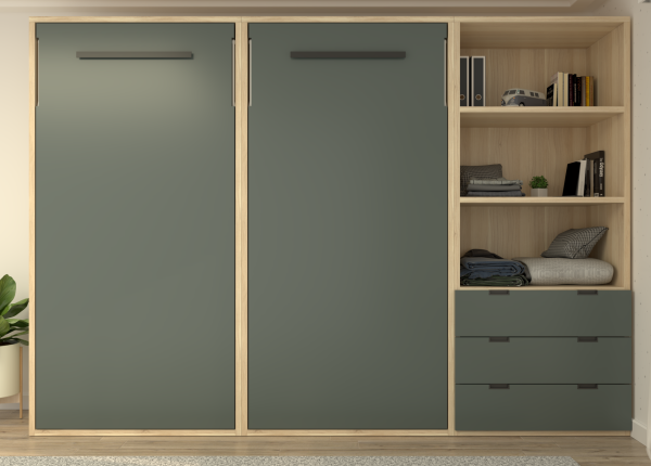 Habitación laminada con dos camas verticales abatibles y librería con cajonera. Ref: 0249