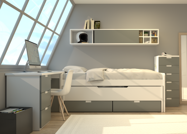 Habitación laminada con cama compacta, escritorio con cajonera y arcón extraíble, puente colmena y chiffonier. Ref: 0241