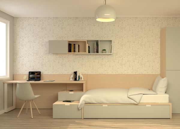 Habitación laminada con tatami con cama extraíble, escritorio, armario y estanterías. Ref: 0225