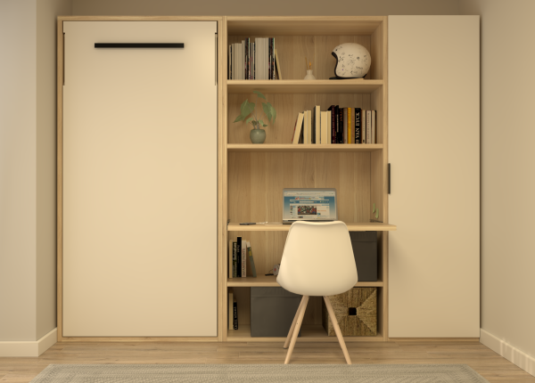 Habitación laminada con cama vertical abatible, librería con escritorio extraíble y armario. Ref: 0247