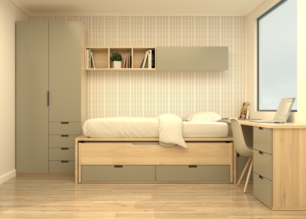 Habitación laminada con tatami compacto, armario, puente y escritorio con cajonera y arcón con puerta. Ref: 0231