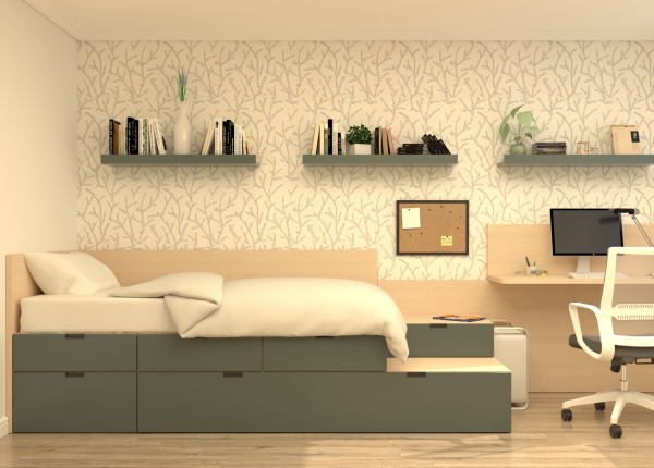 Solución modular CUBOX con cama extraíble, friso, escritorio y estantes. Ref: 0218