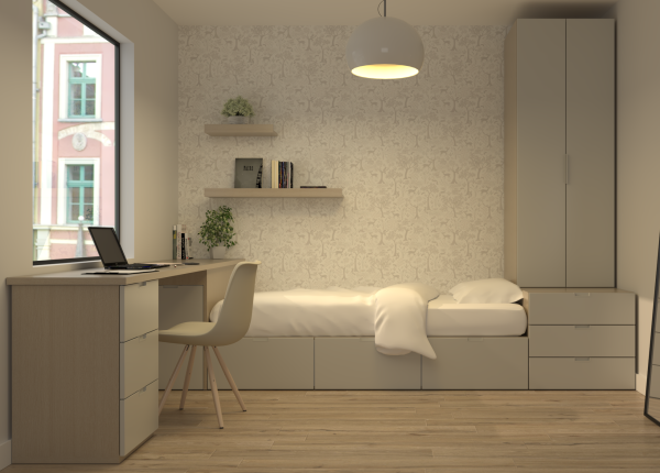 Solución modular CUBOX con armario y cajones, y escritorio con arcón extraíble y cajonera. Ref: 0238