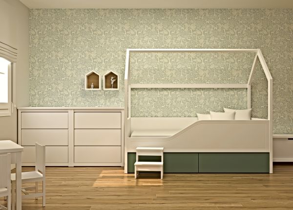 Cama nido forma casita con 2 cajones inferiores , 2 cómodas, baúl y mesa infantil, ideal para habitación infantil. Ref: 0177
