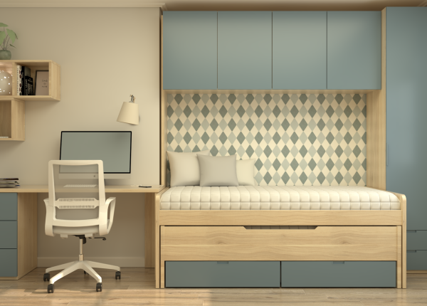Habitación laminada con cama compacta, escritorio con cajonera, armario y puente madera Saona Trigo. Ref: 0236