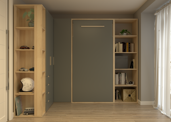 Habitación laminada con cama vertical abatible, librería, armarios y terminal de baldas. Ref: 0252