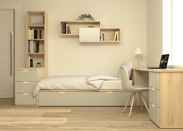 Habitación laminada con tatami con cama extraíble, escritorio con cajonera y arcón extraíble, auxiliar de tres cajones y estanterías. Ref: 0213