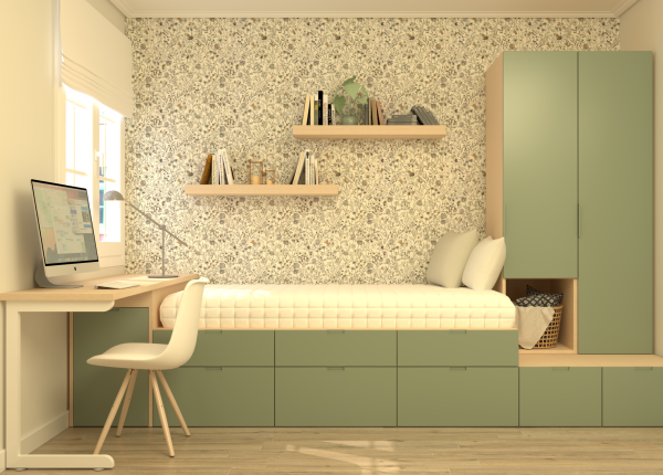 Solución modular CUBOX con armario, escritorio y estantes. Ref: 0219