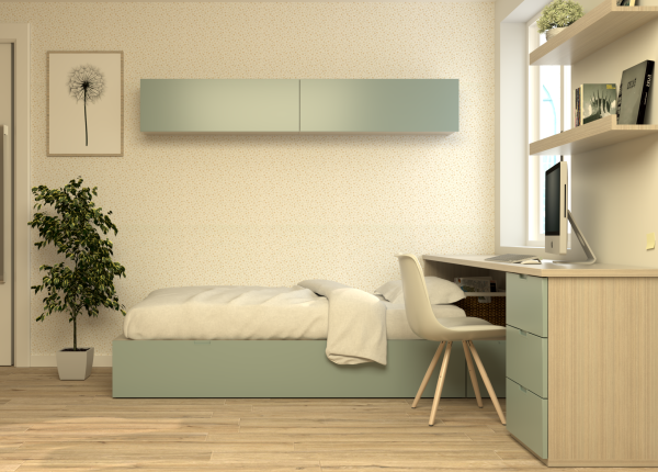 Solución modular CUBOX con cama extraíble, escritorio con cajonera, puente y estantes. Ref: 0216