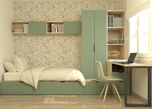 Solución modular CUBOX con cama extraíble, armario, escritorio, estantería y puente. Ref: 0210
