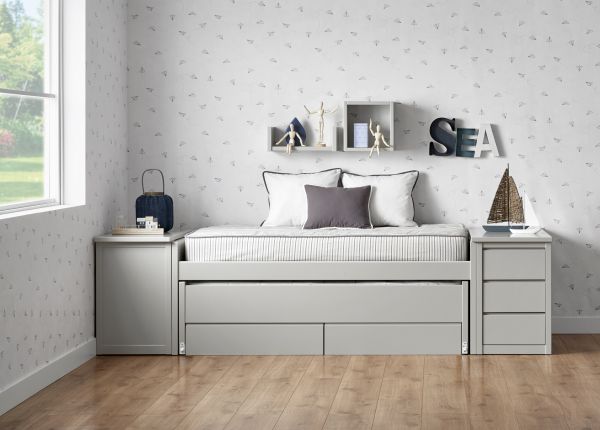 Cama compacta con escritorio extensible gris
