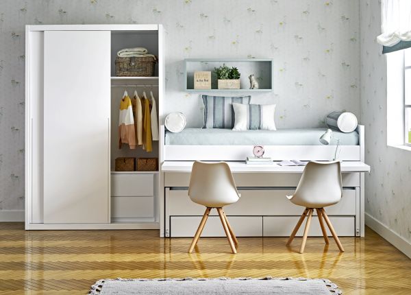 Cama con escritorio extensible y armario de puertas correderas
