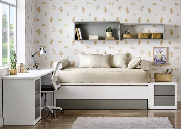 Cama tatami con mesa de trabajo y silla ergonomica