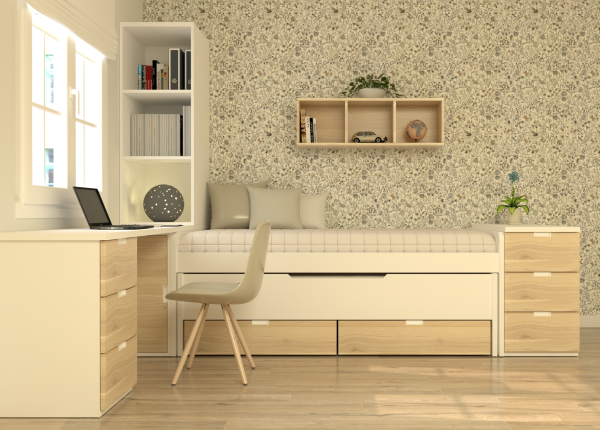 Habitación laminada con cama compacta, escritorio con estantería, arcón con puerta y auxiliar de tres cajones. Ref: 0212