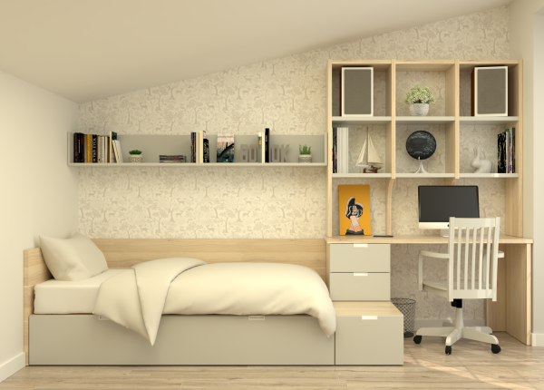 Solución modular CUBOX con cama extraíble, friso, escritorio y estanterías. Ref: 0209