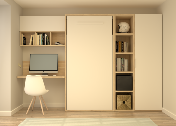 Habitación laminada con cama vertical abatible, estanterías, armario y escritorio. Ref: 0230
