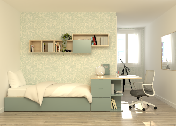Solución modular CUBOX con cama extraíble, escritorio y estanterías. Ref: 0211