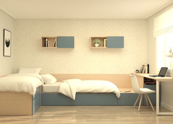 Solución modular CUBOX con camas en ele y tercera cama extraíble, friso, escritorio y estanterías. Ref: 0220