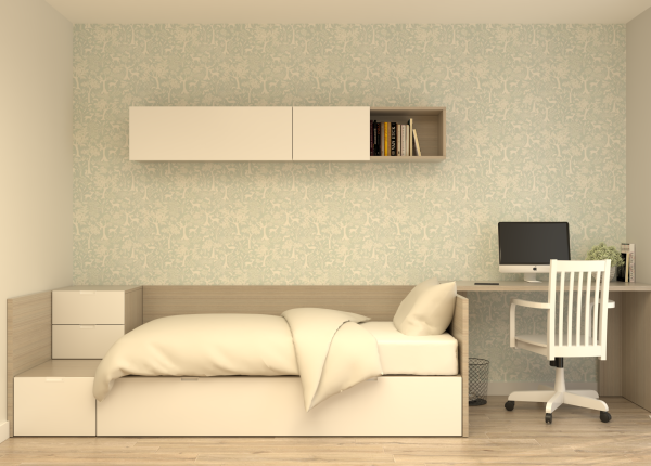 Solución modular CUBOX con cama extraíble, friso, escritorio y puente tiradores en color. Ref: 0234