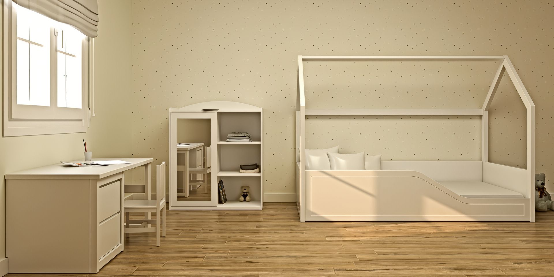 Cama nido plafón, armario con espejo y escritorio infantil | Montessori