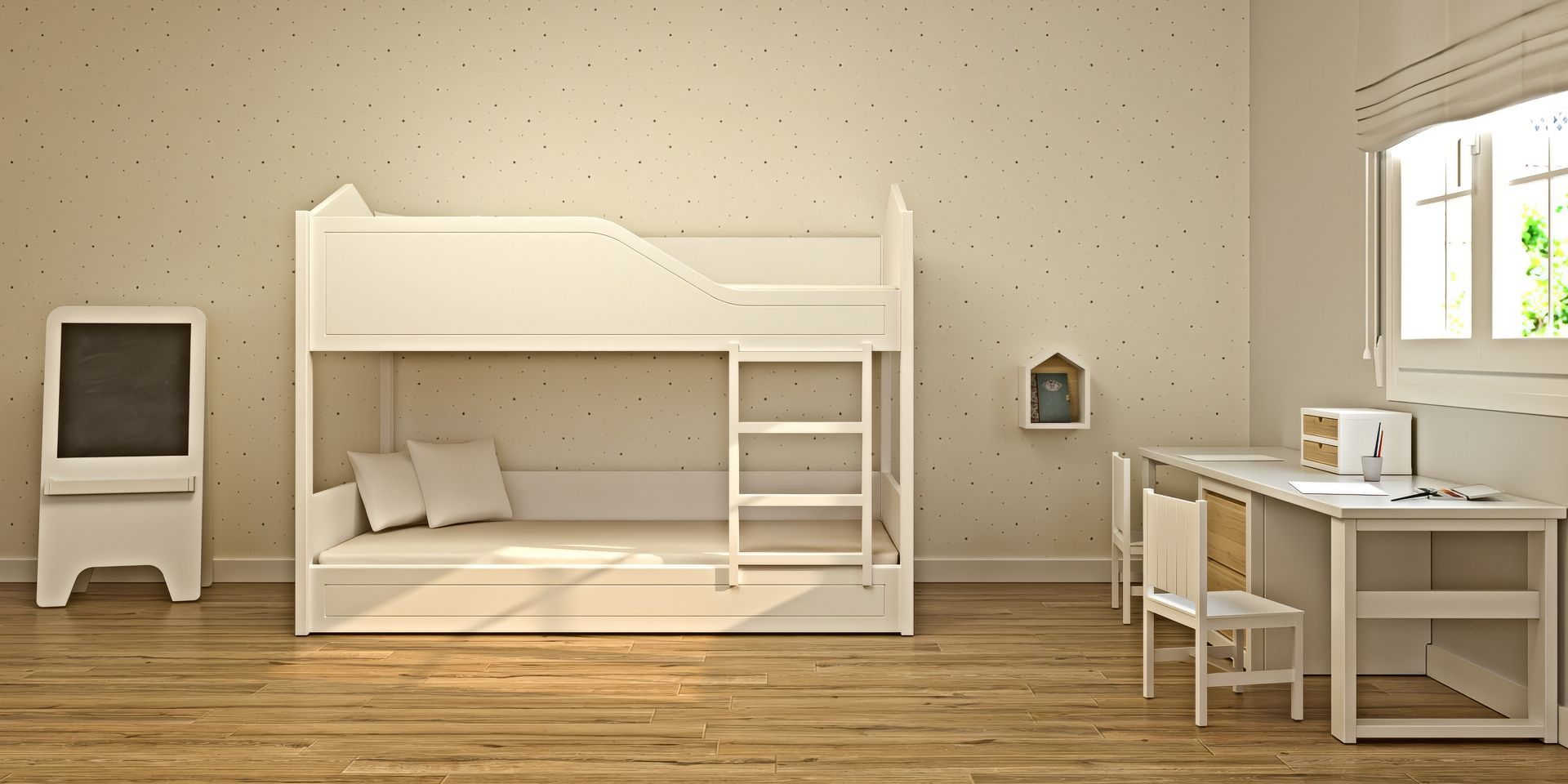 Litera con forma de casita, con zona de estudio y juegos, ideal para habitación infantil | Montessori