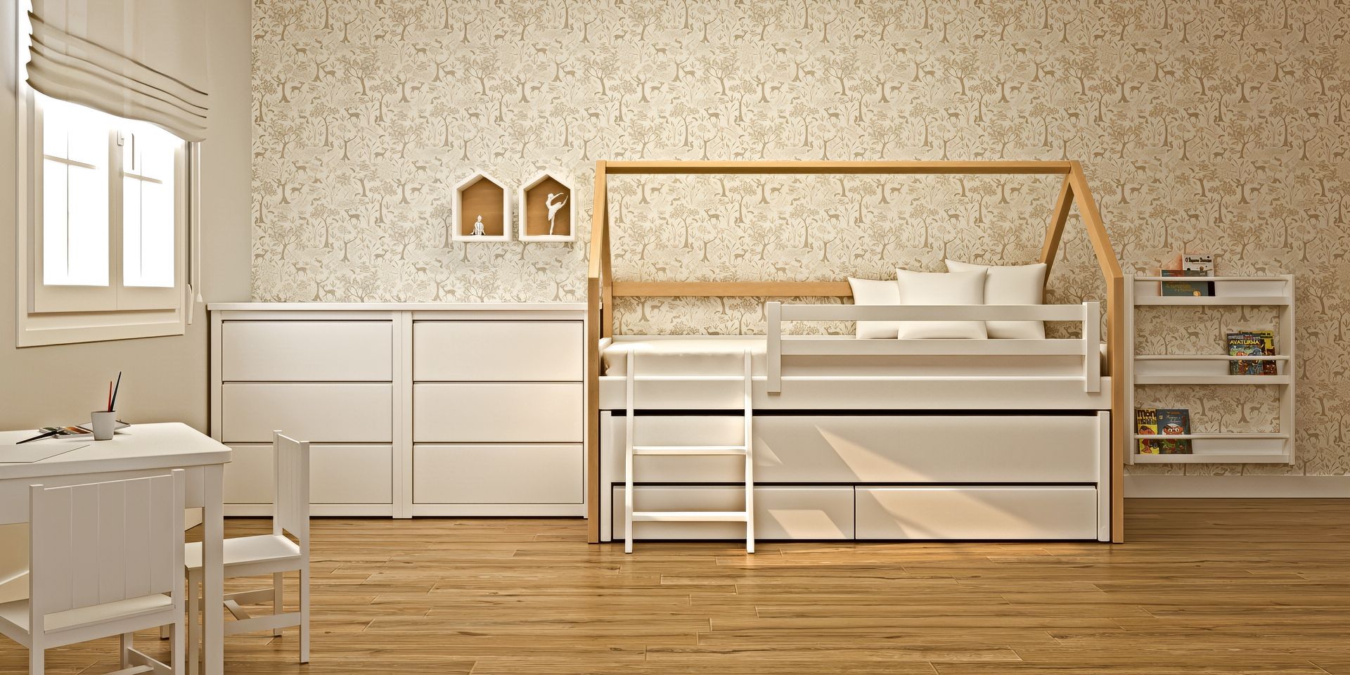Cama nido con segunda cama inferior y cajones , 2 cómodas, baúl y mesa infantil, ideal para habitación infantil | Montessori