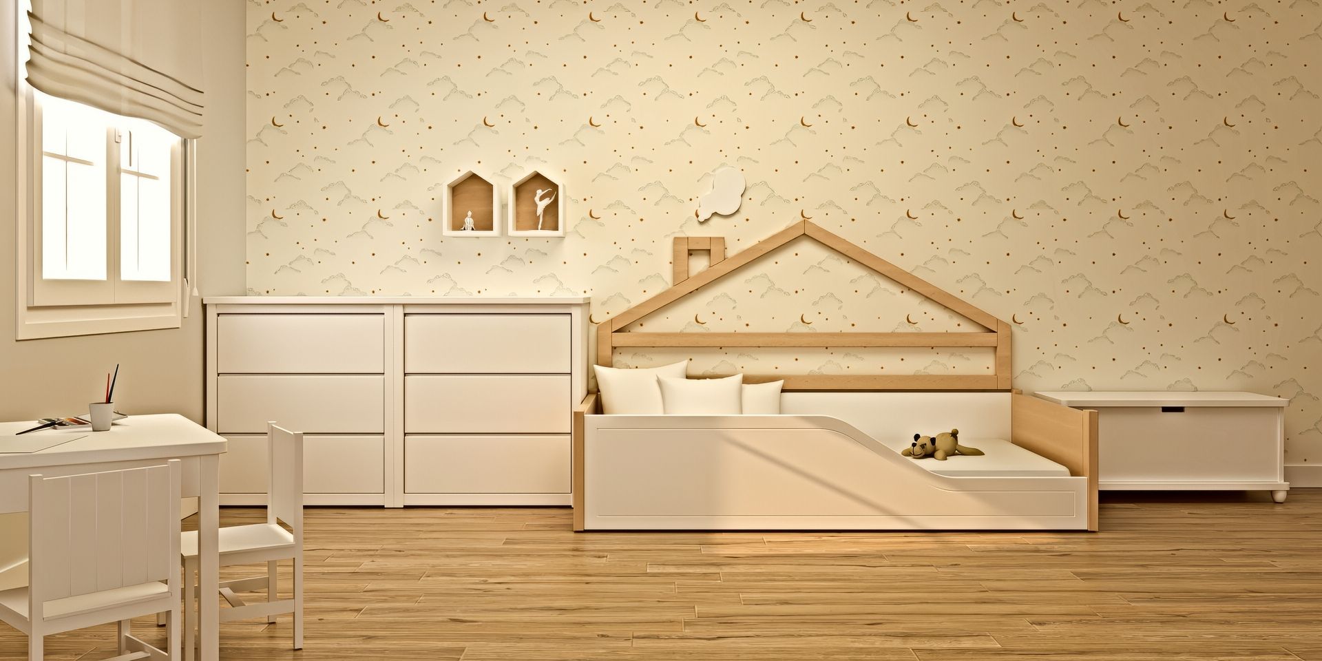 Cama nido con plafón, respaldo casita, 2 cómodas, baúl y mesa infantil. | Montessori