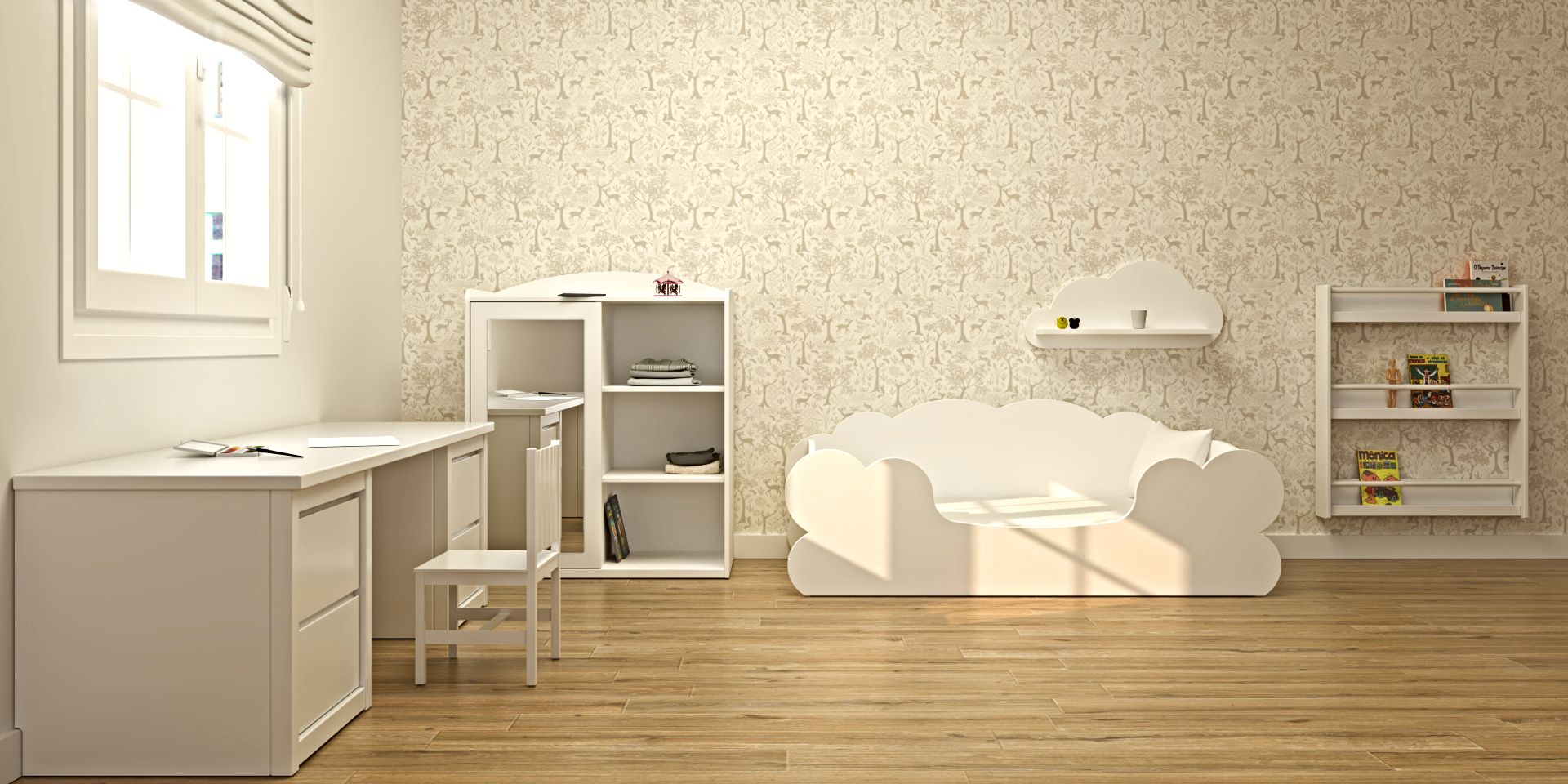 Cama nido nube infantil, con armario de puerta espejo y zona de estudio, ideal para habitaciones infantiles | Montessori
