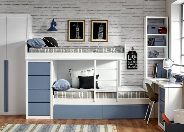 Diseño de dos literas con cajones para almacenaje, librería y mesa 